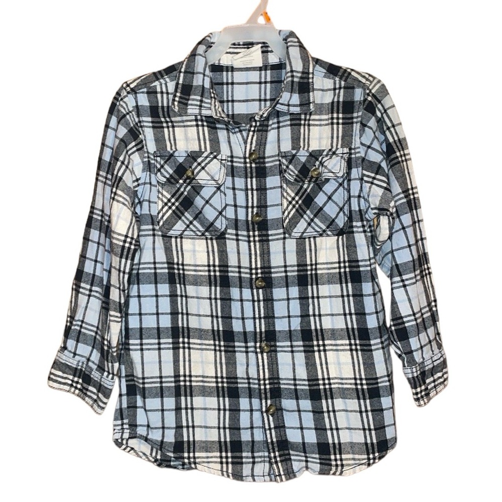 •CRAZY 8•LITTLE BOYS' BLUE PLAID FLANNEL BUTTON UP TOP SIZE 5-6 100% COTTON